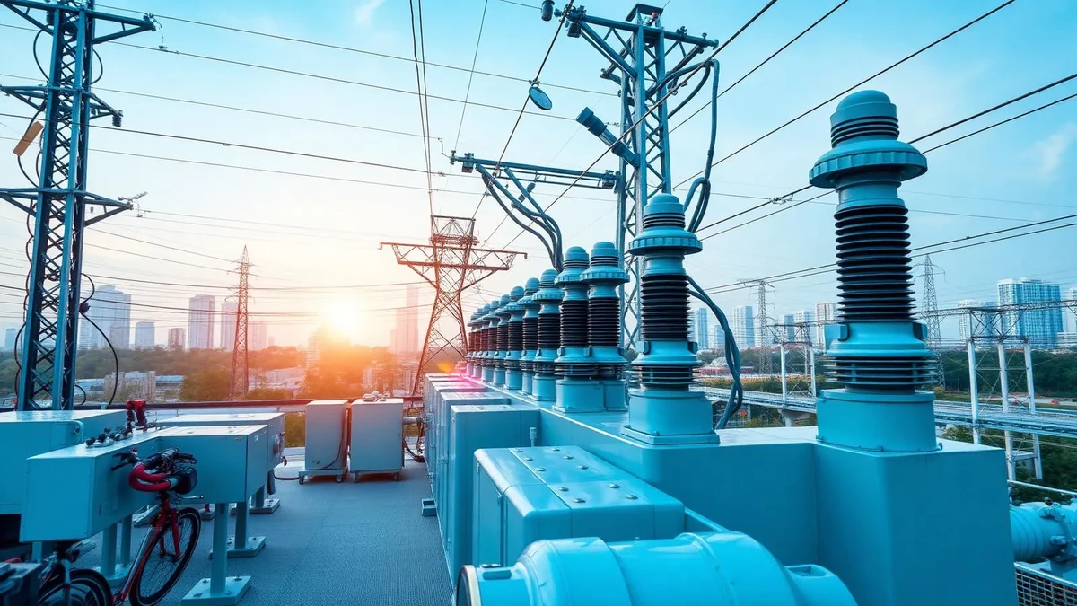 High-voltage substation equipment and transmission lines at sunset, illustrating EGP Energy’s grid infrastructure work; source: EGP Energy Corporation