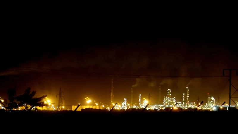 The Essar Oil refinery at Vadinar near Jamnagar, India, illuminated at night