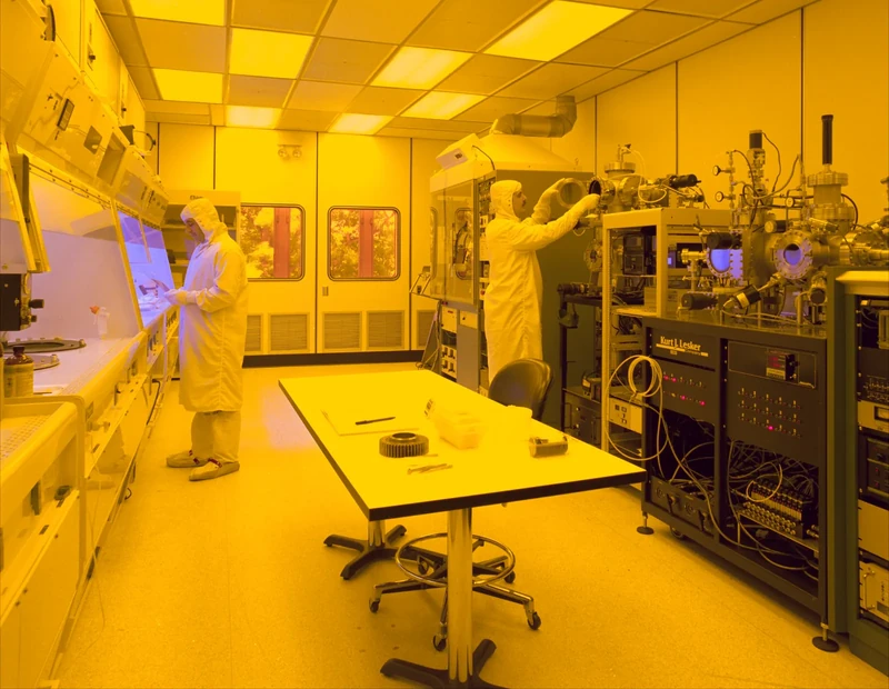 A technician working inside a clean-room semiconductor fabrication facility