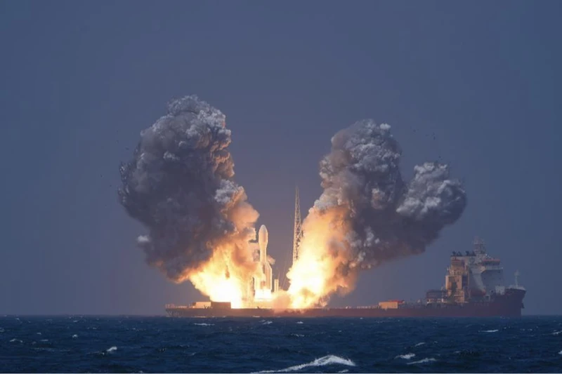 Gravity-1 rocket lifting off from a sea platform east of Shanghai on July 22, 2026